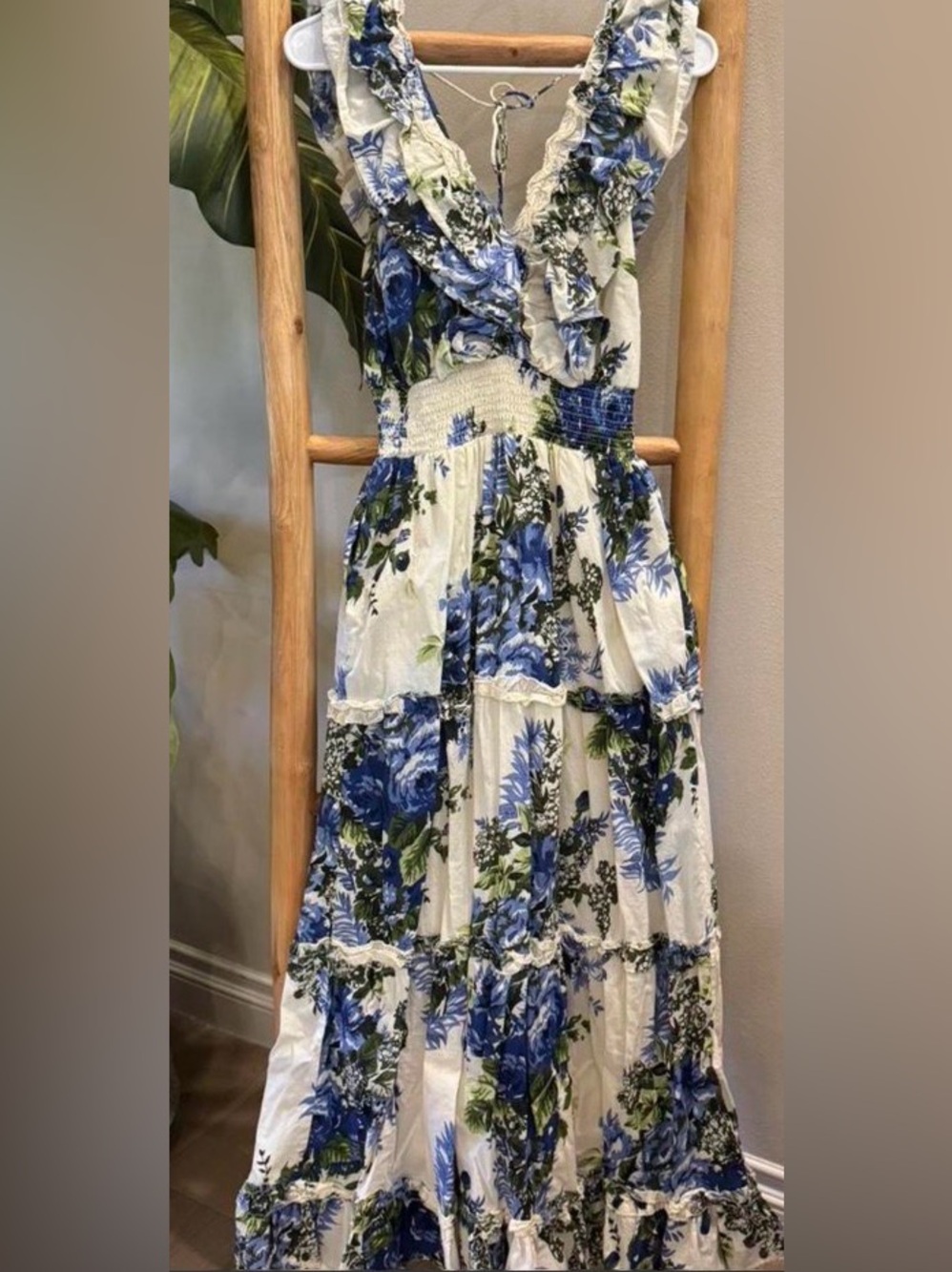 Caroline Constas Floral Tiered Ruffle Maxi Dress Size S Blue White